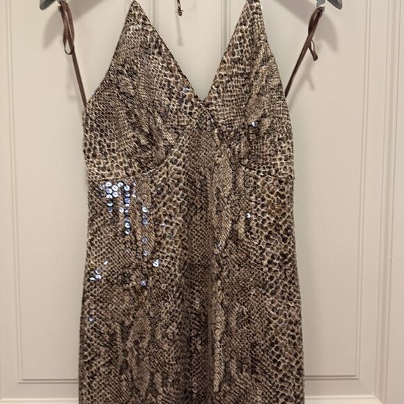 Designer Evening Gown with Halter Top in Snake Print with Scattered Sequins. - Picture 2 of 6